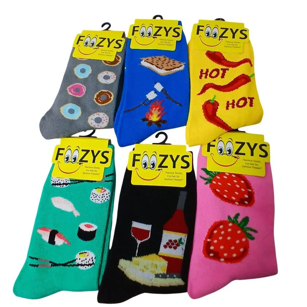 Foozys 6 Pair Foodie Sock Bundle  Women Banana Suchi Strawberry Wine Pepper NOT